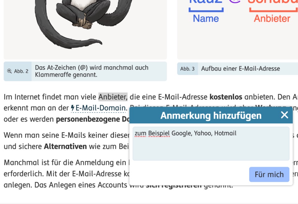 Screenshot der Anmerkungen und Links