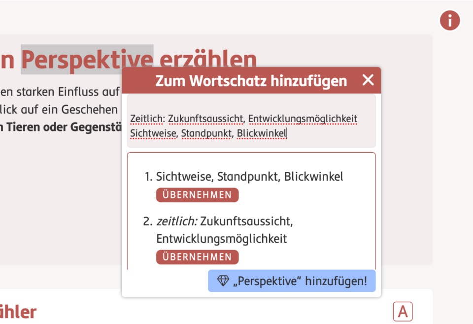 Screenshot des Wortschatz-Tools