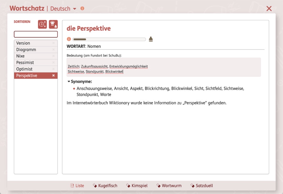 Screenshot des Wortschatz-Tools